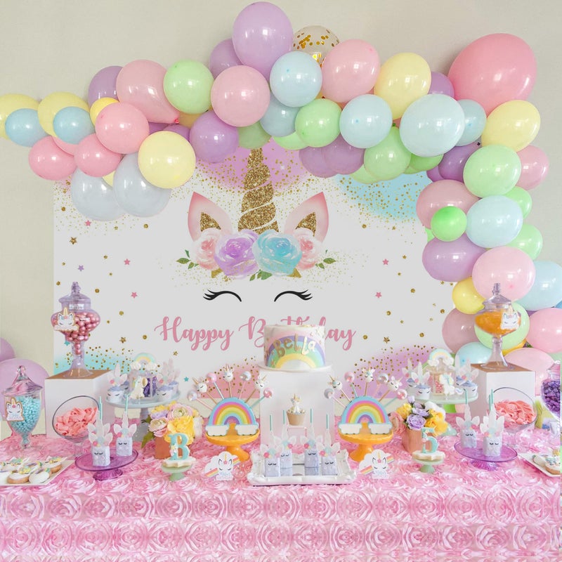 Mocsicka Unicorn Birthday Decorations Backdrop for Girls Party 5x3ft Pastel Rainbow Glitter Stars Dots Happy Birthday Banner Photo Booth Props - Image 2